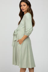 Mint Green Ribbed Polka Dot Waist Tie Maternity Midi Dress