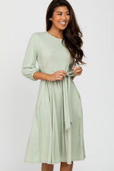 Mint Green Ribbed Polka Dot Waist Tie Midi Dress