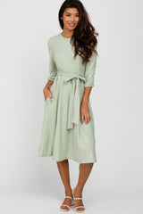 Mint Green Ribbed Polka Dot Waist Tie Midi Dress