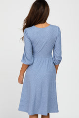 Blue Ribbed Polka Dot Waist Tie Midi Dress