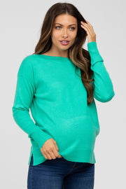 Green Ribbed Trim Side Slit Maternity Top