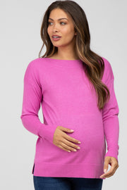 Fuchsia Ribbed Trim Side Slit Maternity Top