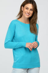 Aqua Ribbed Trim Side Slit Maternity Top