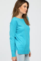 Aqua Ribbed Trim Side Slit Top