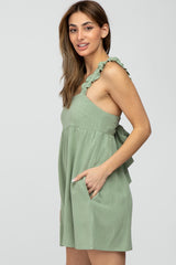 Mint Green Square Neck Ruffle Strap Linen Romper