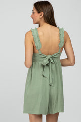 Mint Green Square Neck Ruffle Strap Linen Romper