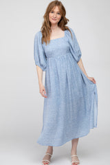 Light Blue Spotted Smocked Maternity Midi Dress