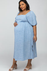 Light Blue Dot Print Plus Maternity Midi Dress