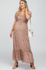 Lavender Floral Sweetheart Neck Off Shoulder Maternity Maxi Dress