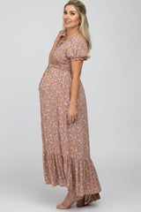 Lavender Floral Sweetheart Neck Off Shoulder Maternity Maxi Dress