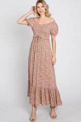 Lavender Floral Sweetheart Neck Off Shoulder Maternity Maxi Dress