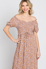 Lavender Floral Sweetheart Neck Off Shoulder Maxi Dress