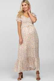 Ivory Floral Sweetheart Neck Off Shoulder Maternity Maxi Dress