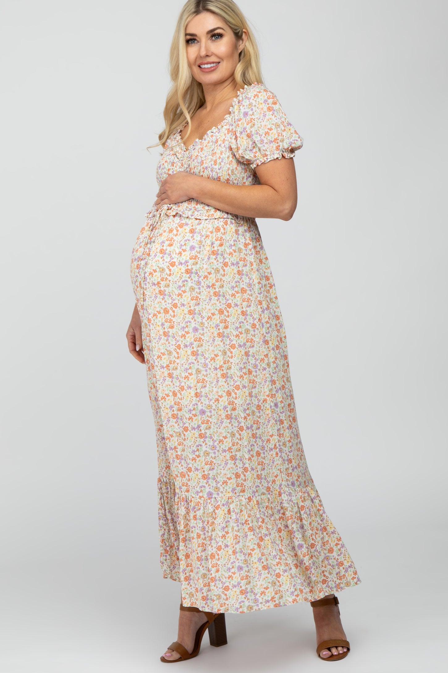 Ivory Floral Sweetheart Neck Off Shoulder Maternity Maxi Dress