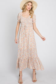 Ivory Floral Sweetheart Neck Off Shoulder Maxi Dress