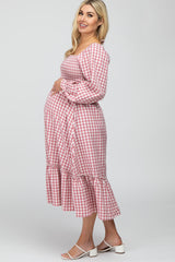 Mauve Gingham Print Long Sleeve Maternity Midi Dress