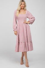 Mauve Gingham Print Long Sleeve Maternity Midi Dress