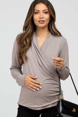 Taupe Draped Wrap Maternity/Nursing Top