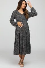 Black Dot Print Tiered Maternity Midi Dress