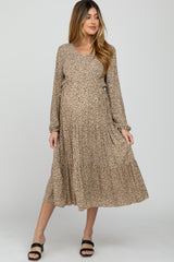 Taupe Dot Print Tiered Maternity Midi Dress