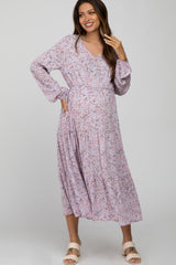 Lavender Floral Side Tie Maternity Midi Dress