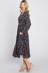 Black Floral Side Tie Midi Dress