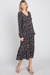 Black Floral Side Tie Midi Dress