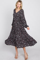 Black Floral Side Tie Midi Dress