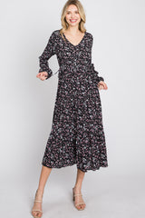 Black Floral Side Tie Midi Dress