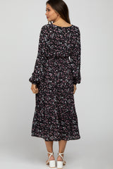 Black Floral Side Tie Maternity Midi Dress