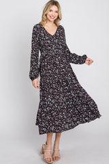 Black Floral Side Tie Maternity Midi Dress