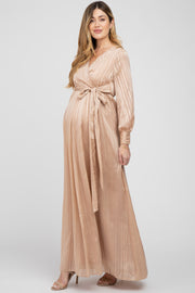 Taupe Striped Shimmer Chiffon Maternity Maxi Dress