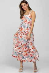 Light Blue Floral Square Neck Ruffle Tiered Midi Dress