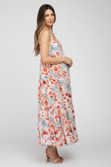 Light Blue Floral Square Neck Ruffle Tiered Maternity Midi Dress