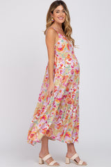 Pink Floral Square Neck Ruffle Tiered Maternity Midi Dress