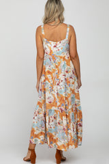 Peach Floral Square Neck Ruffle Tiered Maternity Midi Dress