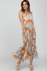 Peach Floral Square Neck Ruffle Tiered Maternity Midi Dress