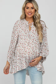 White Floral Ruffle Neck Front Tie Maternity Top