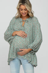 Mint Green Floral Ruffle Neck Front Tie Maternity Top