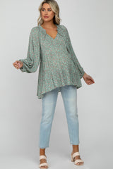 Mint Green Floral Ruffle Neck Front Tie Maternity Top