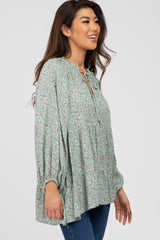 Mint Green Floral Ruffle Neck Front Tie Top