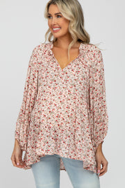 Peach Floral Ruffle Neck Front Tie Maternity Top