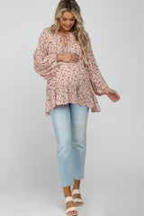 Peach Floral Ruffle Neck Front Tie Maternity Top