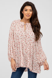 Peach Floral Ruffle Neck Front Tie Top