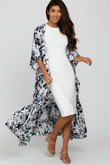 Navy Blue Floral Ruffle Hem Long Cover Up