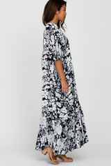 Navy Blue Floral Ruffle Hem Long Cover Up