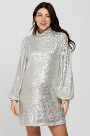 Silver Sequin Mock Neck Maternity Mini Dress