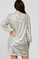 Silver Sequin Mock Neck Maternity Mini Dress