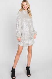 Silver Sequin Mock Neck Mini Dress