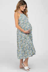 Blue Floral Tiered Sleeveless Maternity Midi Dress